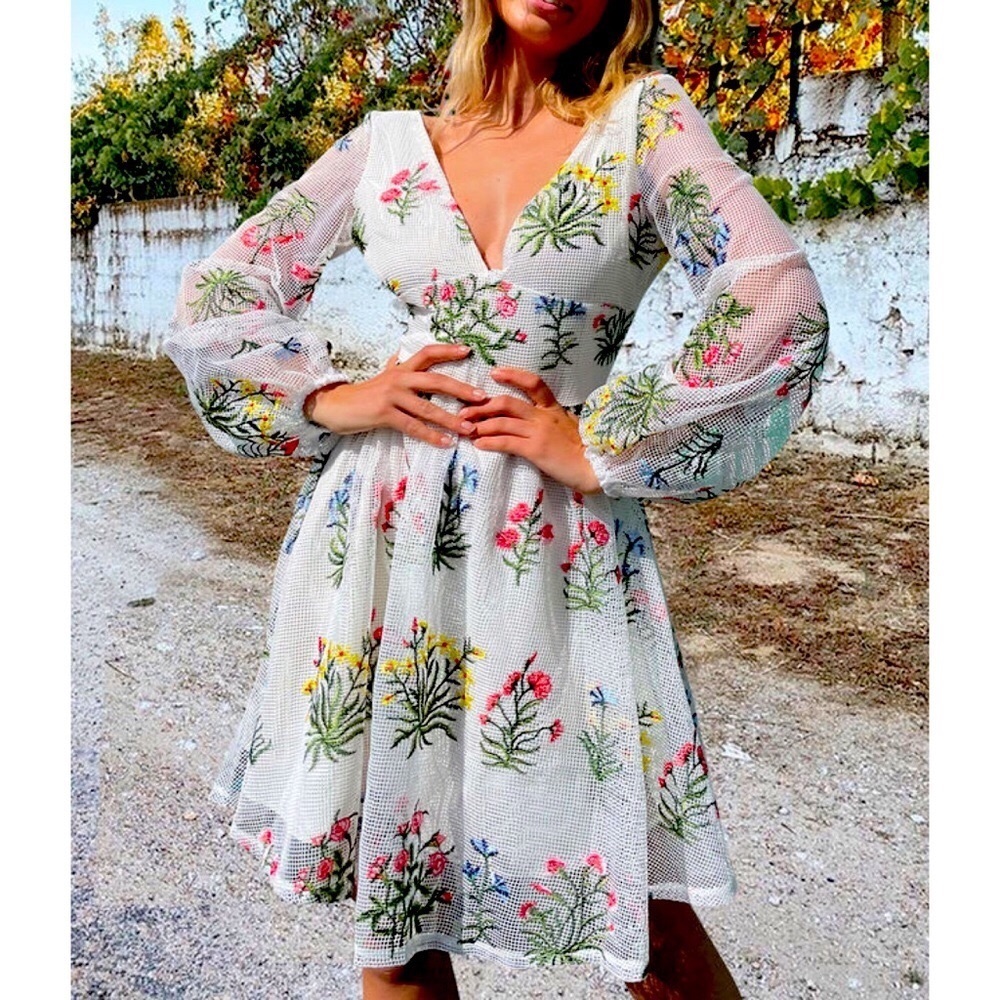 New A line Mesh Embroidered Puff Sleeve Dress